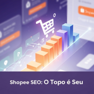 Uma imagem digital moderna e aspiracional que ilustra o sucesso de SEO na Shopee, mostrando um ícone de carrinho de compras subindo rapidamente em direção ao topo de um gráfico de ranking. A imagem representa o "SEO para Shopee: O Guia Definitivo para Rankear em Primeiro Lugar", com o texto "Shopee SEO: O Topo é Seu" sobreposto.