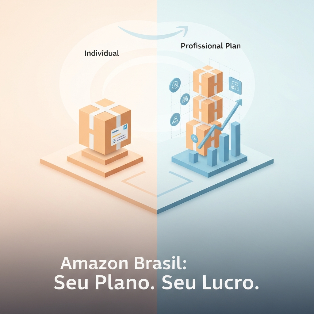 Digital illustration comparing Amazon Brazil's Individual and Professional selling plans, showing two distinct paths for costs and features, with a focus on strategic choice and business growth. The image supports the article 'Custos e Taxas para Vender na Amazon Brasil: Plano Individual vs. Profissional.'