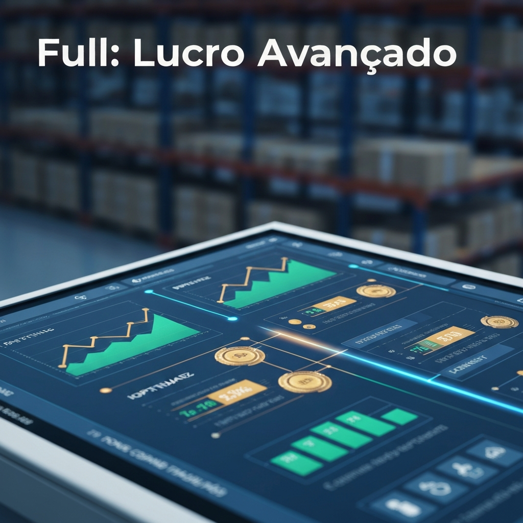 An image illustrating advanced e-commerce logistics optimization, featuring a digital control panel with profit graphs and inventory data, representing "Mercado Envios Full: O Guia Definitivo para Vendedores Avançados".