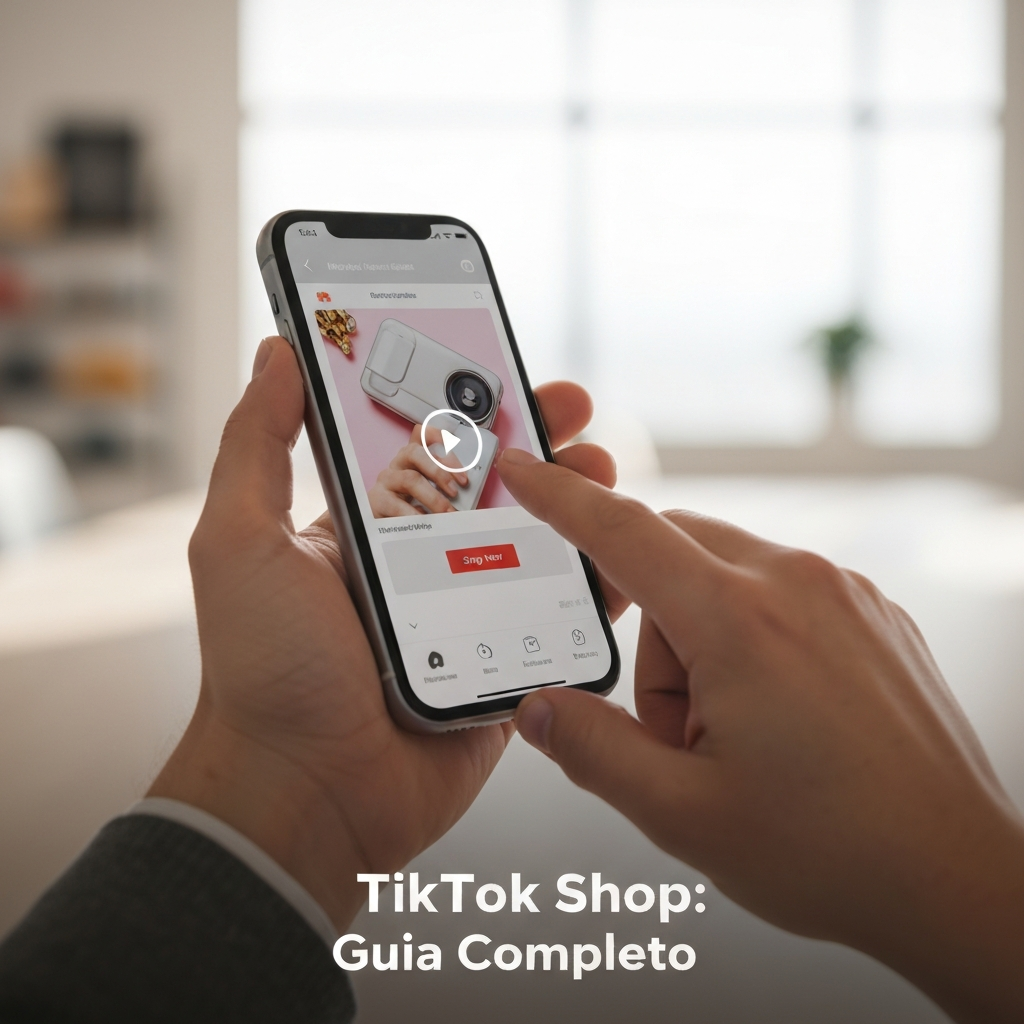 Mão segurando smartphone com o aplicativo TikTok exibindo um vídeo de produto e ícone de compra, ilustrando 'O que é TikTok Shop e Como Funciona? O Guia Definitivo para 2025'.
