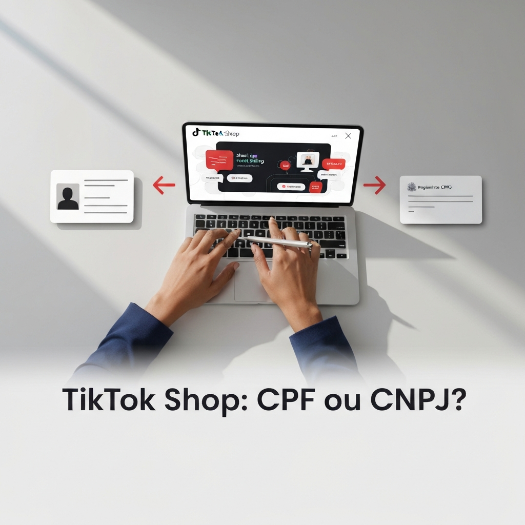 Imagem de uma pessoa navegando em um tablet com a interface do TikTok Shop, com documentos simbolizando requisitos para CPF e CNPJ ao lado, ilustrando o guia completo sobre os requisitos para vender no TikTok Shop em 2024.
