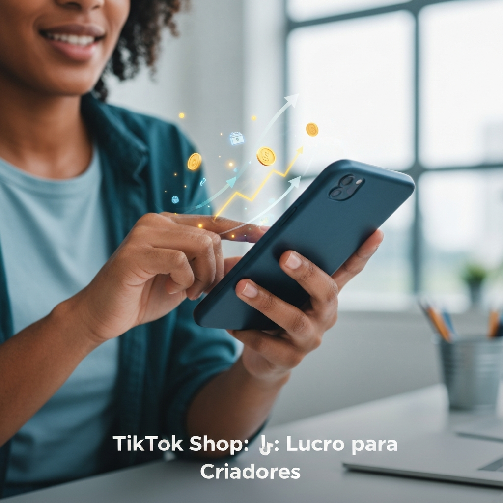 Imagem de um criador de conteúdo segurando um smartphone com elementos digitais de monetização e e-commerce, representando o programa de afiliados do TikTok Shop. A imagem ilustra "Como Funciona o Programa de Afiliados do TikTok Shop para Criadores: O Guia Definitivo".