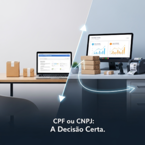 Image illustrating the choice between selling on Mercado Livre with CPF or CNPJ, showing a contrast between a simple individual setup and a professional business operation, with the headline "CPF ou CNPJ: A Decisão Certa." This visual guide helps sellers decide for 2024.