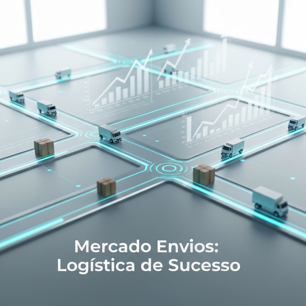 A visual representation of optimized e-commerce logistics for Mercado Envios, showing interconnected digital pathways, miniature delivery trucks, and packages, with data visualizations in the background. The image illustrates the complete guide to optimizing Mercado Envios logistics.