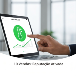 Uma mão interage com a tela de um tablet, que exibe o termômetro de reputação verde do Mercado Livre e um gráfico de vendas em ascensão, ilustrando 'Como Fazer as Primeiras 10 Vendas no Mercado Livre e Ativar sua Reputação'.