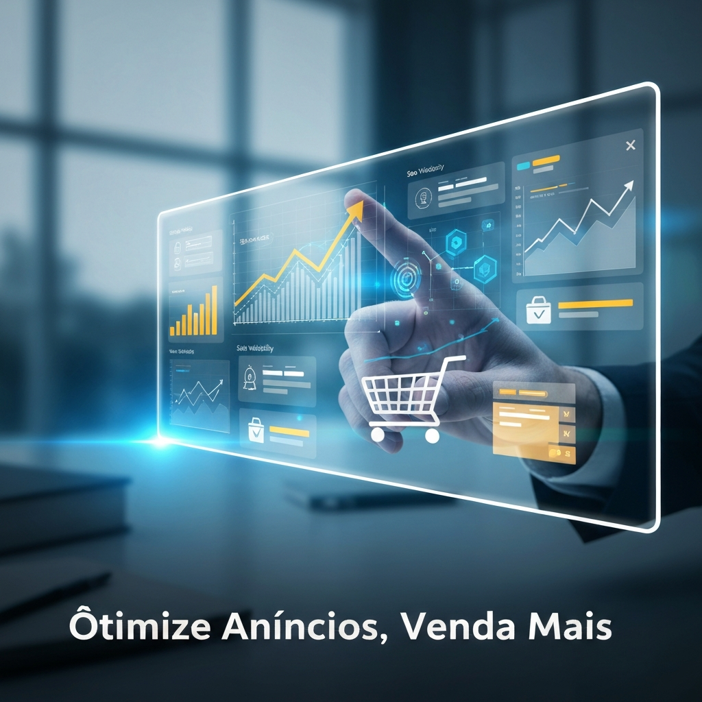 Uma ilustração digital moderna mostrando uma mão interagindo com uma tela holográfica exibindo gráficos de crescimento e elementos de e-commerce, com o texto "Otimize Anúncios, Venda Mais" sobreposto. A imagem representa a otimização avançada de anúncios no Mercado Livre para aumentar as vendas.