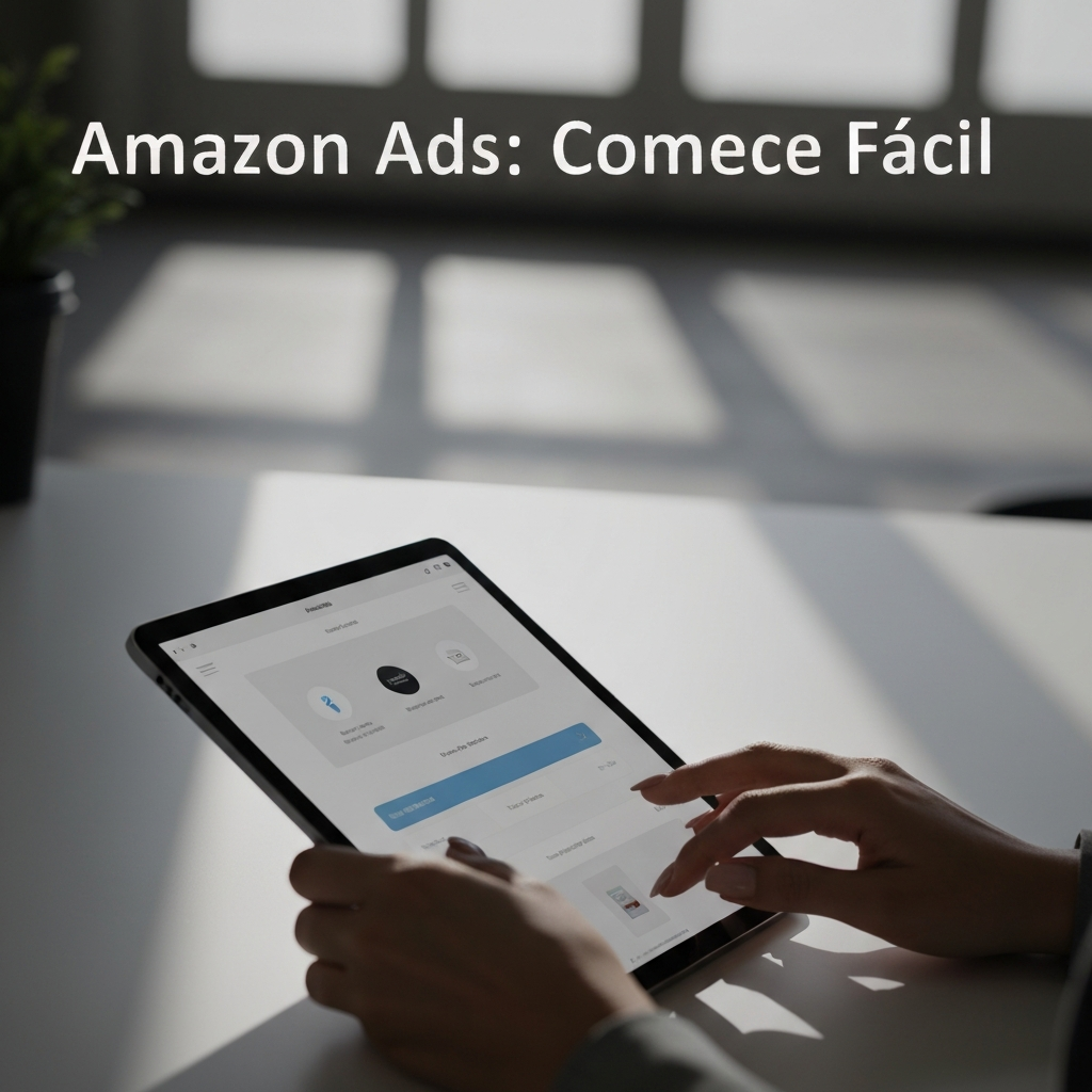 Mãos interagindo com uma tela de tablet exibindo uma interface simplificada de configuração de campanha Amazon Ads, ilustrando a facilidade de "Amazon Ads para Iniciantes: Criando sua Primeira Campanha de Produtos Patrocinados".