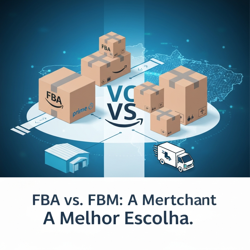 Conceptual image illustrating the strategic decision between Amazon FBA and FBM logistics models for businesses in Brazil, featuring a balanced scale or diverging paths with elements representing both fulfillment methods, and the headline "FBA vs. FBM: A Melhor Escolha."