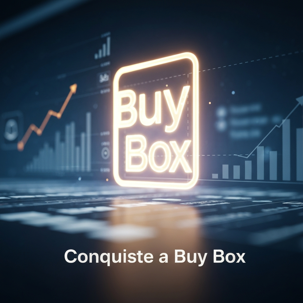 Imagem conceitual de um ícone da Buy Box da Amazon brilhante, cercado por elementos estratégicos de dados e gráficos ascendentes, simbolizando a vitória e os fatores essenciais para dominar a Buy Box.