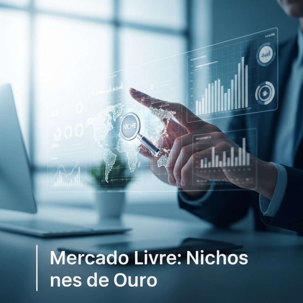 Hands interacting with a transparent digital screen displaying data and a map of Mercado Livre, with a magnifying glass highlighting a profitable niche, representing the definitive practical guide to finding lucrative niches on Mercado Livre.