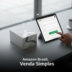 Overhead view of a sleek product box next to a tablet displaying the Amazon Seller Central interface, with a hand interacting, symbolizing the step-by-step guide on "Como Cadastrar seu Primeiro Produto na Amazon Brasil".