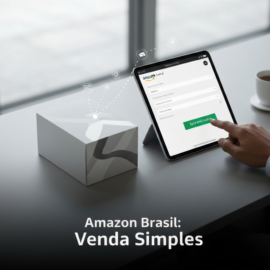 Overhead view of a sleek product box next to a tablet displaying the Amazon Seller Central interface, with a hand interacting, symbolizing the step-by-step guide on "Como Cadastrar seu Primeiro Produto na Amazon Brasil".