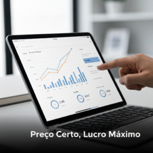 Imagem de um tablet ou laptop com um dashboard financeiro exibindo gráficos de lucro e custos, e uma mão interagindo com a tela, representando o guia definitivo para calcular o preço de venda ideal no Mercado Livre em 2024.