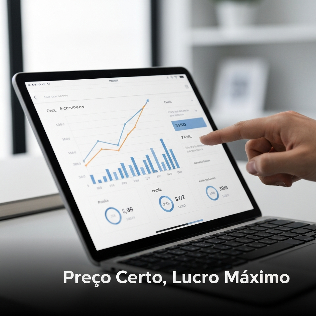 Imagem de um tablet ou laptop com um dashboard financeiro exibindo gráficos de lucro e custos, e uma mão interagindo com a tela, representando o guia definitivo para calcular o preço de venda ideal no Mercado Livre em 2024.