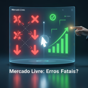 A digital dashboard showing sales metrics with red error indicators being transformed into green growth trends by a strategic hand, illustrating the correction of 7 fatal errors that impact sales on Mercado Livre.