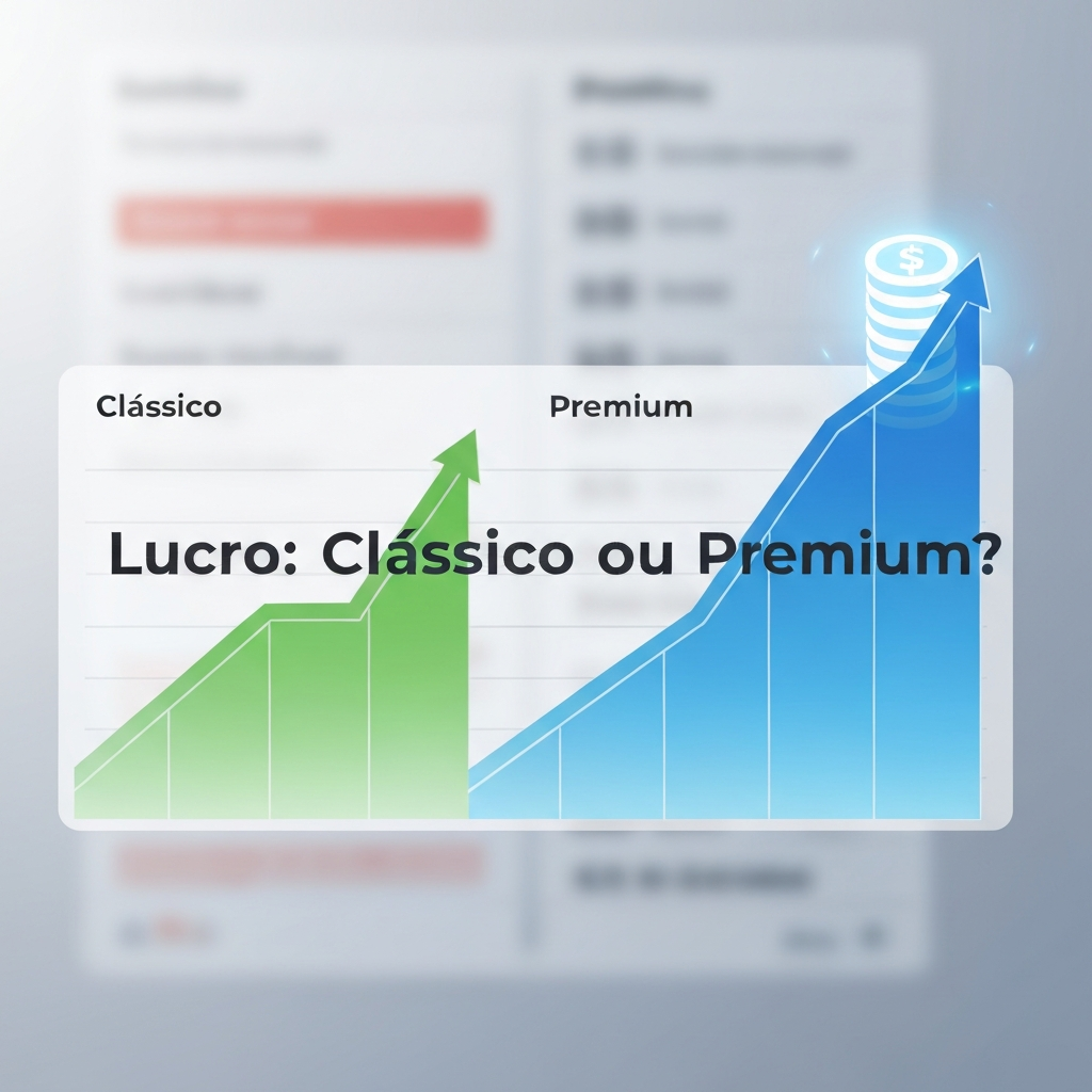 An image comparing two upward-trending graphs, one moderate (Clássico) and one significantly higher (Premium), with a glowing profit symbol. The headline reads "Lucro: Clássico ou Premium?". This visual represents the article "Anúncio Clássico vs. Premium no Mercado Livre: Qual Gerará Mais Lucro?"