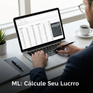 Hands interacting with a digital spreadsheet on a laptop, calculating Mercado Livre fees and profit, with the headline "ML: Calcule Seu Lucro". The image represents the definitive guide and spreadsheet for understanding and mastering Mercado Livre taxes and pricing.