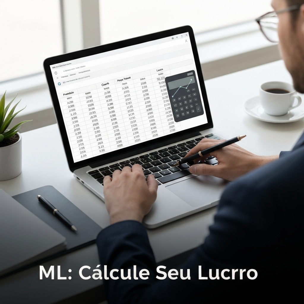Hands interacting with a digital spreadsheet on a laptop, calculating Mercado Livre fees and profit, with the headline "ML: Calcule Seu Lucro". The image represents the definitive guide and spreadsheet for understanding and mastering Mercado Livre taxes and pricing.