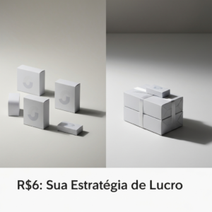Imagem de estúdio profissional mostrando pequenos produtos individuais à esquerda e os mesmos produtos agrupados em um kit maior à direita, simbolizando a estratégia para lucrar com a taxa fixa de R$6 do Mercado Livre ao vender produtos baratos.