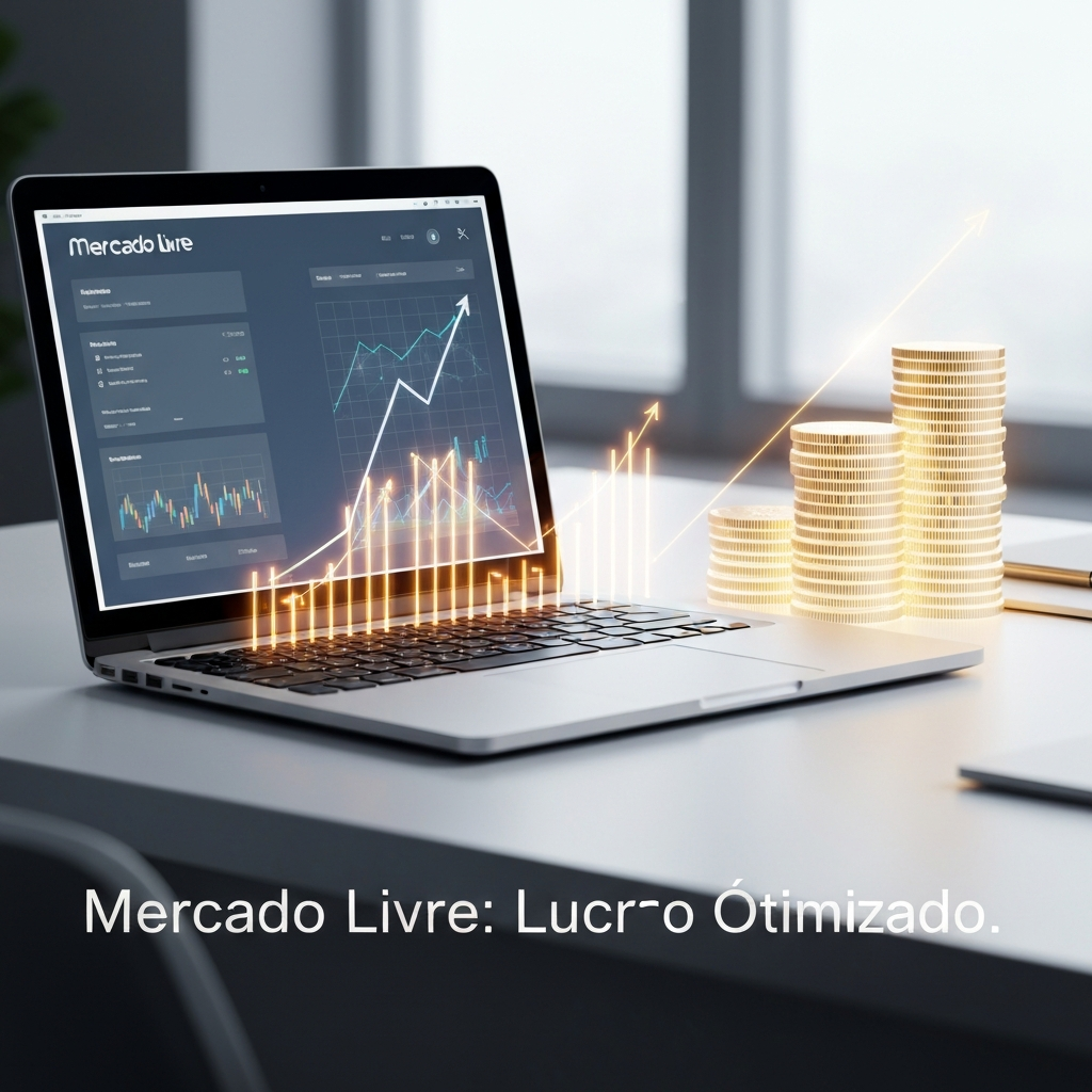 Uma imagem profissional mostrando um laptop exibindo a interface do Mercado Livre com gráficos de crescimento financeiro, simbolizando as 5 Estratégias Avançadas para Reduzir Custos e Taxas no Mercado Livre.