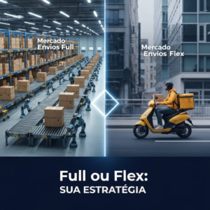 Image comparing Mercado Envios Full (automated warehouse) and Mercado Envios Flex (local delivery person) with the headline "Full ou Flex: Sua Estratégia". Illustrates the choice for e-commerce logistics optimization discussed in "Mercado Envios Full vs. Flex: Qual a Melhor Opção para seu E-commerce?".