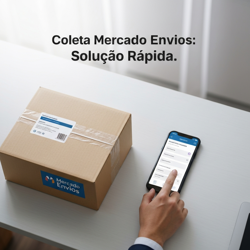 A hand interacting with a smartphone next to a Mercado Envios package, illustrating solutions for 'Mercado Envios Coleta Não Passou? O Que Fazer e Como Evitar Atrasos.'