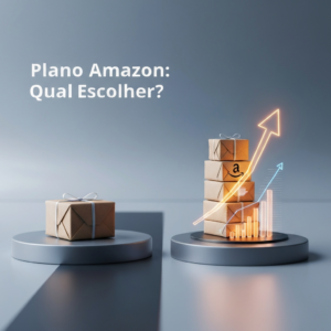 Visual comparison of Amazon seller plans, showing a simple single package for the individual plan and multiple packages with growth charts for the professional plan, illustrating the choice between "Plano de Vendedor Amazon Brasil: Individual ou Profissional, Qual Escolher?".