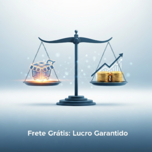 Imagem ilustrando uma balança equilibrada com um pacote de e-commerce de um lado e símbolos de lucro e crescimento financeiro do outro, com o texto "Frete Grátis: Lucro Garantido". Representa a estratégia de como oferecer Frete Grátis no Mercado Livre sem prejuízo, conforme o guia de 2024.