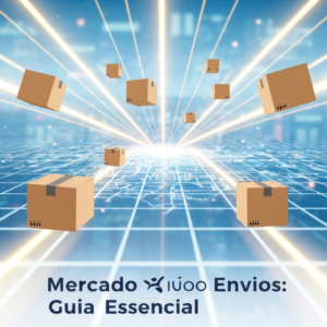 Imagem de capa para o artigo "O que é Mercado Envios e Como Funciona? (Guia Definitivo para Vendedores)". A imagem mostra caixas de envio em movimento ao longo de linhas digitais interconectadas, simbolizando a logística integrada e o rastreamento eficiente do Mercado Envios para vendedores.