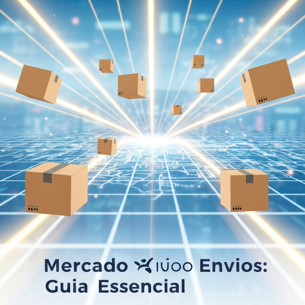 Imagem de capa para o artigo "O que é Mercado Envios e Como Funciona? (Guia Definitivo para Vendedores)". A imagem mostra caixas de envio em movimento ao longo de linhas digitais interconectadas, simbolizando a logística integrada e o rastreamento eficiente do Mercado Envios para vendedores.