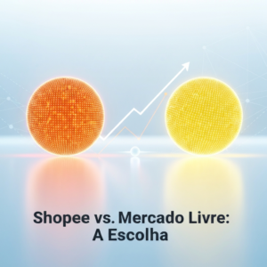 Imagem comparativa entre Shopee e Mercado Livre, com esferas digitais laranja e amarela em balança, representando a escolha da melhor plataforma para vender em 2024.