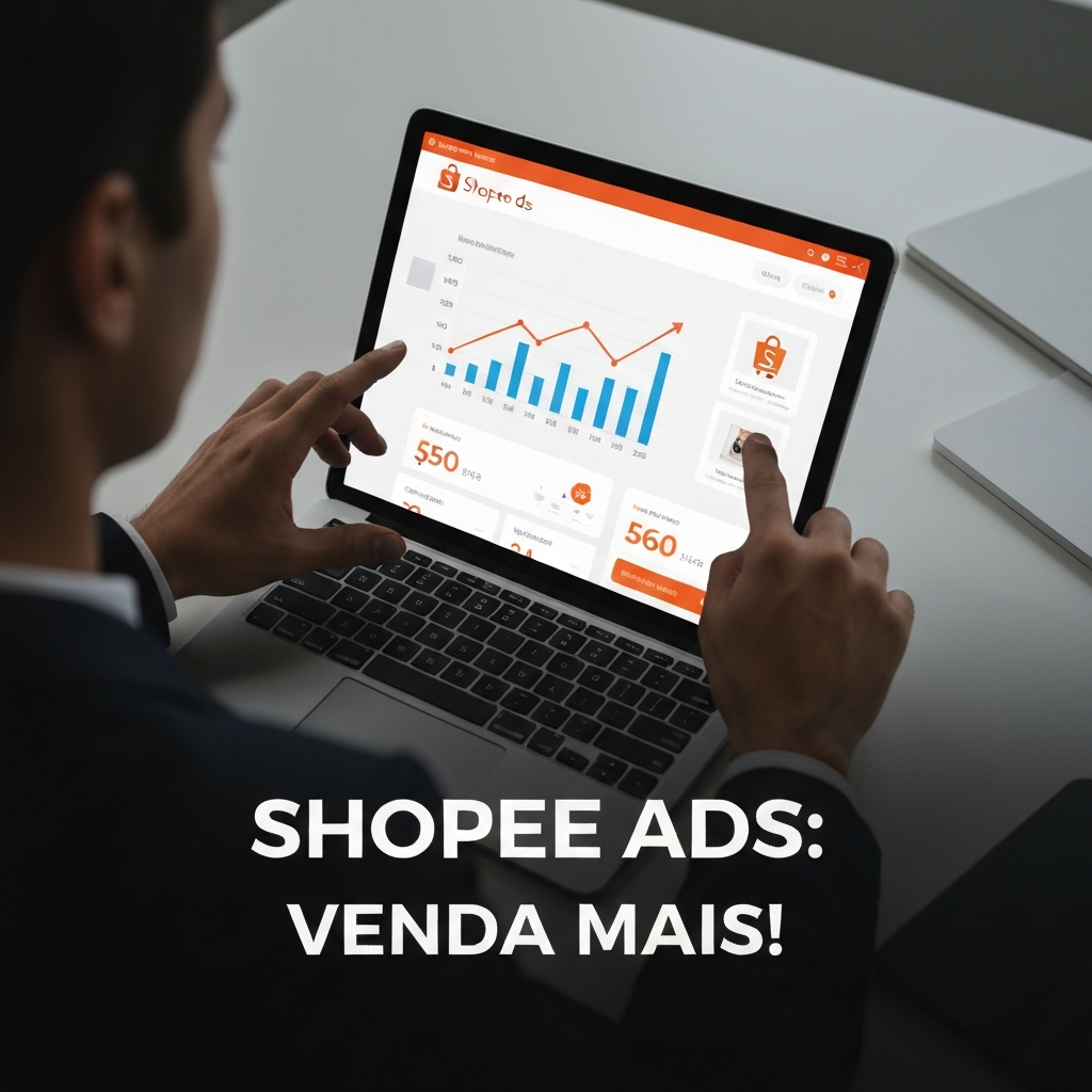 Hands interacting with a tablet displaying a Shopee Ads dashboard with upward-trending sales graphs, illustrating the 'Guia Completo de Shopee Ads: Como Anunciar e Vender Mais' article. The image features the headline 'Shopee Ads: Venda Mais!' overlaid.