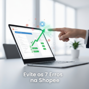 Digital illustration showing a hand pointing to a clear, successful path on a Shopee-like e-commerce interface, surrounded by symbols of errors, with the headline "Evite os 7 Erros na Shopee". This image visually represents "Os 7 Maiores Erros de Vendedores na Shopee (e Como Evitá-los)".
