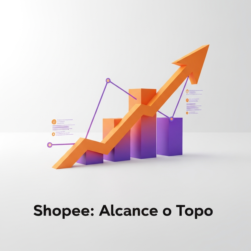 Uma ilustração digital moderna e profissional com um gráfico ascendente em tons de laranja e roxo, simbolizando o sucesso e o primeiro lugar no SEO para Shopee. O texto 'Shopee: Alcance o Topo' está sobreposto, representando o guia definitivo para rankear em primeiro lugar na plataforma.
