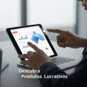 Uma imagem profissional e moderna mostrando mãos interagindo com uma tela de tablet exibindo dados de produtos e tendências de mercado na Shopee, com o título "Como Encontrar Produtos Lucrativos para Vender na Shopee: Guia Passo a Passo" implicitamente representado pela cena de descoberta e análise.