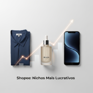 Imagem de capa para o artigo "Nichos Mais Lucrativos na Shopee: Análise Definitiva de Moda, Beleza e Eletrônicos". A imagem mostra um smartphone, um frasco de cosmético e uma peça de roupa dobrada, dispostos em uma superfície limpa, com um gráfico sutil de crescimento ao fundo, simbolizando a análise estratégica de rentabilidade e as melhores escolhas de nicho para vender na Shopee.