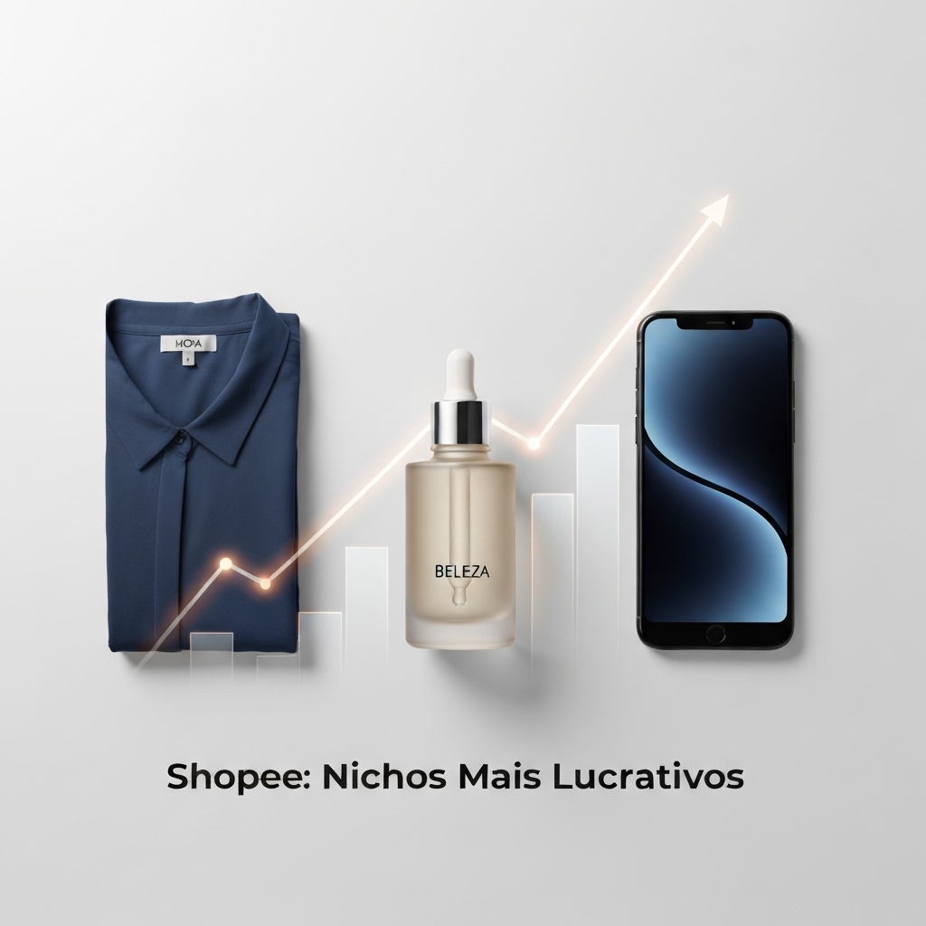 Imagem de capa para o artigo "Nichos Mais Lucrativos na Shopee: Análise Definitiva de Moda, Beleza e Eletrônicos". A imagem mostra um smartphone, um frasco de cosmético e uma peça de roupa dobrada, dispostos em uma superfície limpa, com um gráfico sutil de crescimento ao fundo, simbolizando a análise estratégica de rentabilidade e as melhores escolhas de nicho para vender na Shopee.