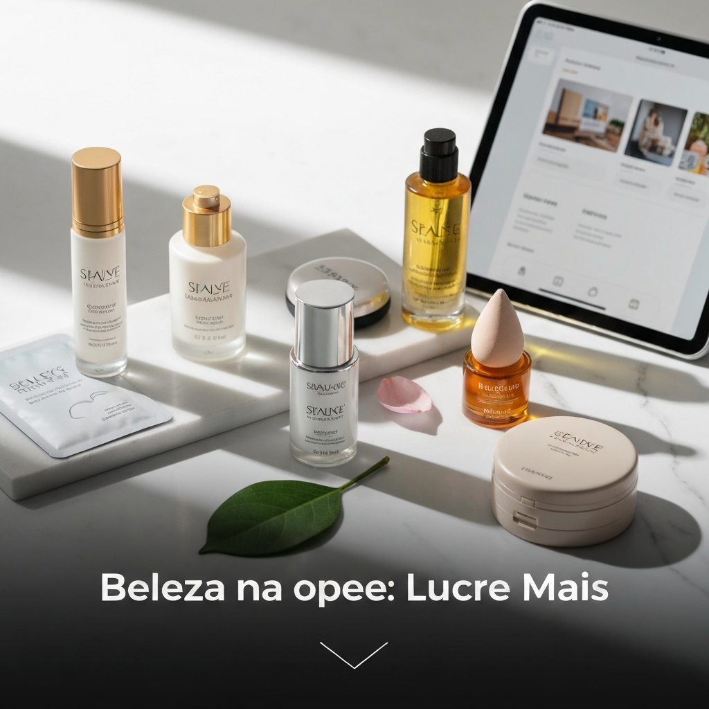 A flat lay image showing a curated collection of premium beauty products like serums, masks, and hair oils on a clean surface, with a tablet displaying an e-commerce interface in the background. The headline "Beleza na Shopee: Lucre Mais" is overlaid. This image illustrates the "Top 15 Produtos de Beleza para Vender na Shopee e Aumentar seu Faturamento".