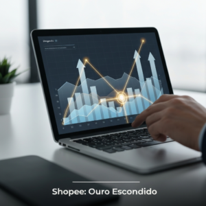 Mãos digitando em um laptop com gráficos de tendências e um brilho dourado, simbolizando a descoberta de produtos inexplorados na Shopee, conforme descrito no artigo "Além do Óbvio: Como Descobrir Tendências e Produtos Inexplorados na Shopee".