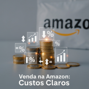 Imagem mostrando moedas e notas de Real brasileiro com sobreposições digitais de sinais de porcentagem e gráficos, simbolizando os custos detalhados, taxas e comissões para vender na Amazon Brasil. O texto 'Venda na Amazon: Custos Claros' está sobreposto na imagem.