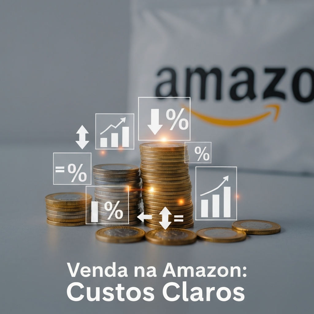 Imagem mostrando moedas e notas de Real brasileiro com sobreposições digitais de sinais de porcentagem e gráficos, simbolizando os custos detalhados, taxas e comissões para vender na Amazon Brasil. O texto 'Venda na Amazon: Custos Claros' está sobreposto na imagem.