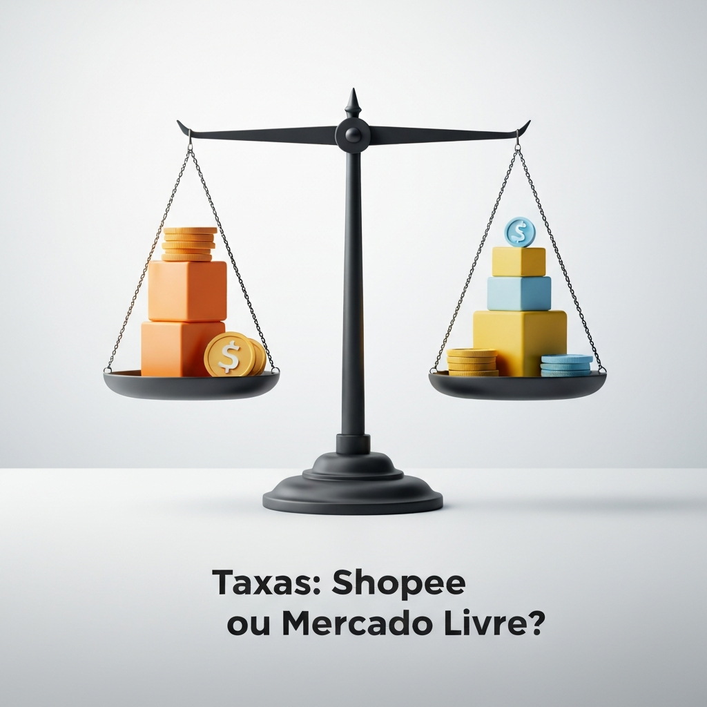 Uma imagem profissional mostrando uma balança estilizada pesando blocos abstratos em tons de laranja (representando Shopee) e blocos em tons de amarelo e azul (representando Mercado Livre), com símbolos de moeda digital, ilustrando a comparação de taxas para decidir a melhor plataforma para vender em 2025.