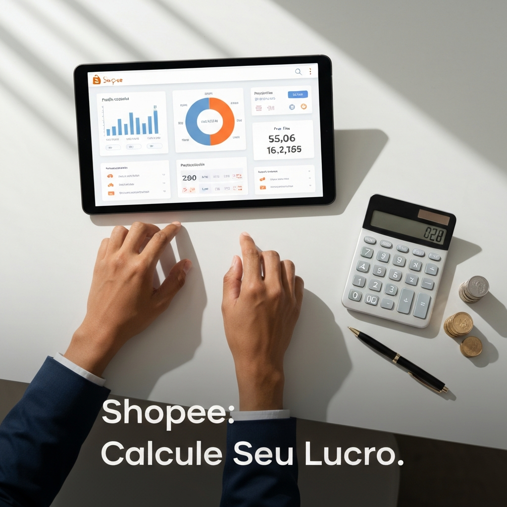 Hands interacting with a tablet showing Shopee financial calculations and a calculator, illustrating how to calculate Shopee fees and profit. The image supports the article "Como Calcular as Taxas da Shopee: Guia Prático com Exemplos".