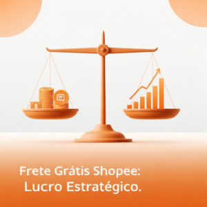 Digital illustration of a balanced scale, symbolizing the strategic management of Shopee's free shipping program for sellers, weighing costs against profit and sales growth. The image features the headline "Frete Grátis Shopee: Lucro Estratégico." and represents a guide for sellers.
