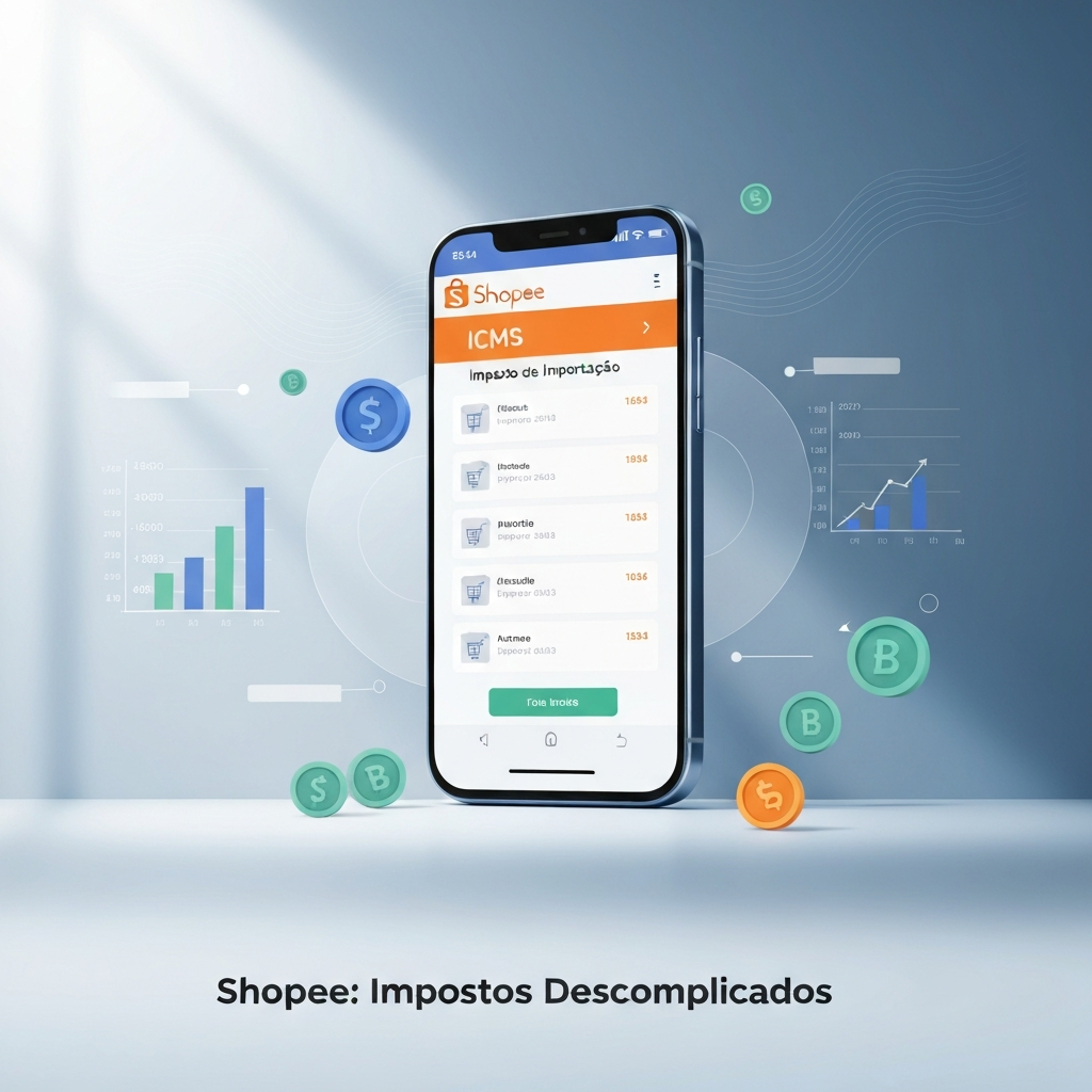 Uma ilustração digital moderna e profissional de um smartphone exibindo a tela de checkout da Shopee com impostos detalhados, simbolizando a clareza e agilidade do programa Remessa Conforme na Shopee: O Guia Definitivo para Vendedores e Compradores.