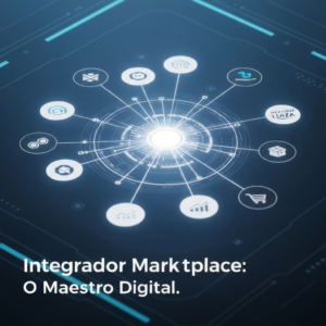 Imagem conceitual de um hub digital centralizado conectando múltiplos ícones de marketplace e e-commerce com linhas de dados, representando a gestão unificada e eficiente de vendas online. O texto "Integrador Marketplace: O Maestro Digital." está sobreposto. Ilustra o artigo "O que é um Integrador de Marketplace e Para Que Serve? Guia Definitivo".