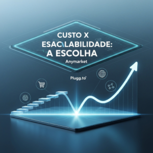 Digital illustration comparing two e-commerce integration hubs, Anymarket and Plugg.to, showing distinct growth pathways for cost and scalability. One path represents tiered plans with limits, the other unlimited growth, illustrating the comparative analysis of cost and scalability for e-commerce businesses.
