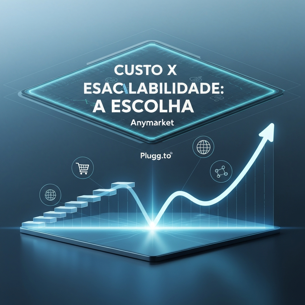 Digital illustration comparing two e-commerce integration hubs, Anymarket and Plugg.to, showing distinct growth pathways for cost and scalability. One path represents tiered plans with limits, the other unlimited growth, illustrating the comparative analysis of cost and scalability for e-commerce businesses.