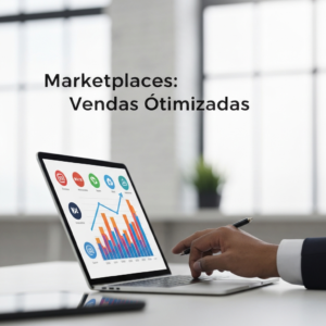 Imagem de um tablet ou laptop exibindo gráficos de vendas em alta e logos de marketplaces, com uma mão interagindo, simbolizando a otimização de vendas em marketplaces e o guia definitivo para evitar erros.