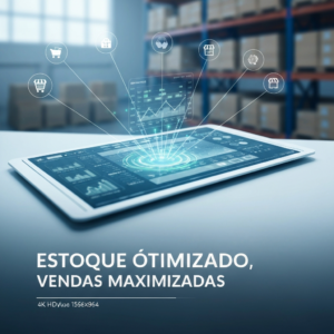 Imagem de um painel de controle digital moderno com gráficos e linhas conectando-se a ícones de marketplaces, simbolizando a gestão de estoque otimizada e a sincronização em tempo real para marketplaces. O fundo desfocado sugere um ambiente de logística organizado. A imagem ilustra as ferramentas e métodos essenciais para a gestão de estoque em marketplaces.